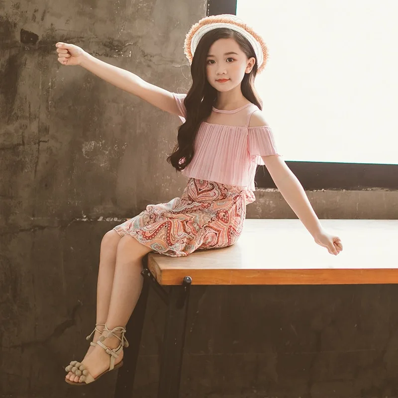 

2019 Summer New Style Korean-style Girls Princess Dress Big Boy-Style Retro off-Shoulder Chiffon Dress Fashion