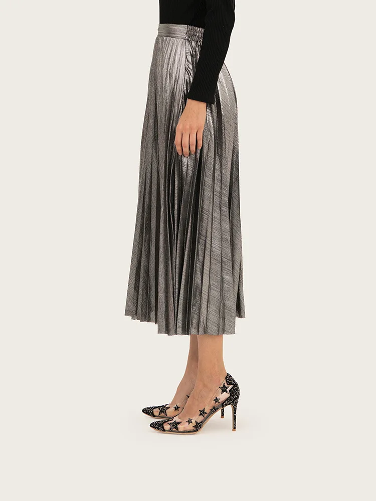 New Fashion High Waist Bronzing Elastic Pleat Half-length Basic Autumn And Winter Bottoming Skirt Casual Female Long Skirt