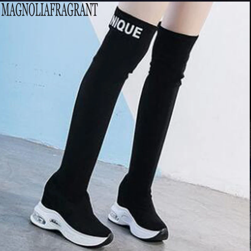 

Women Winter Warm Sock Stretch Fabric Over The Knee Boots Female Long Boot Thick bottom wedge Ladies Sports letter boots y491
