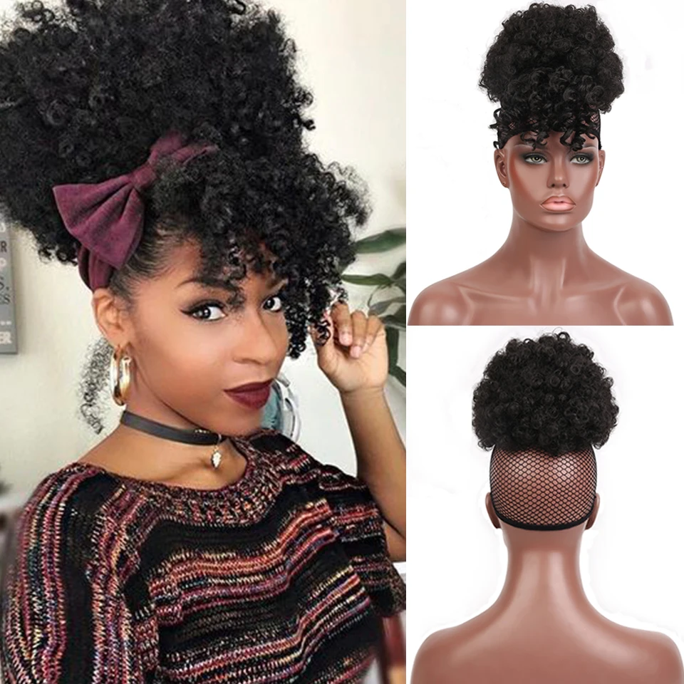 SHANGKE Women's Afro Kinky Curl Hair Bun With Bangs Synthetic Ombre Color Drawstring Clip In Puff Chignon Pins | Шиньоны и парики