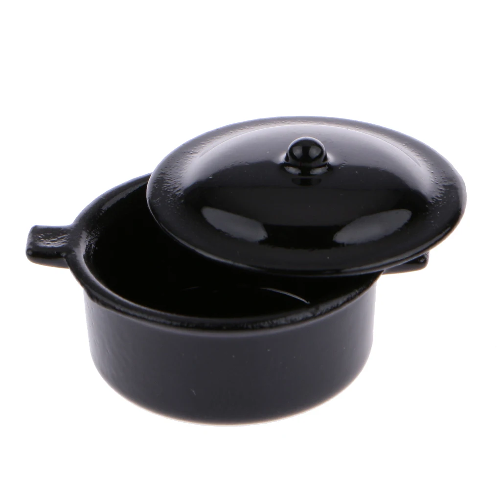 Dollhouse Miniature Kitchen Utensil Cookware Metal Casserole Dish Stew Pan Stockpot Black 12th Scale