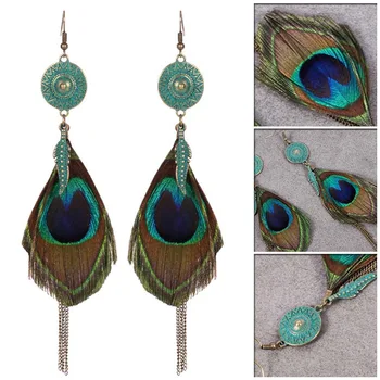 

2019 Ethnic Feather Women's Necklaces High Quality Moon Long Tassel Necklaces For Women Peacock Feather Necklace