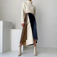 

2021 Autumn Winter New Fashion Womens Two Piece Sets Pullover Turtleneck Sweater High Waist Color Contrast Skirt Casual Suit