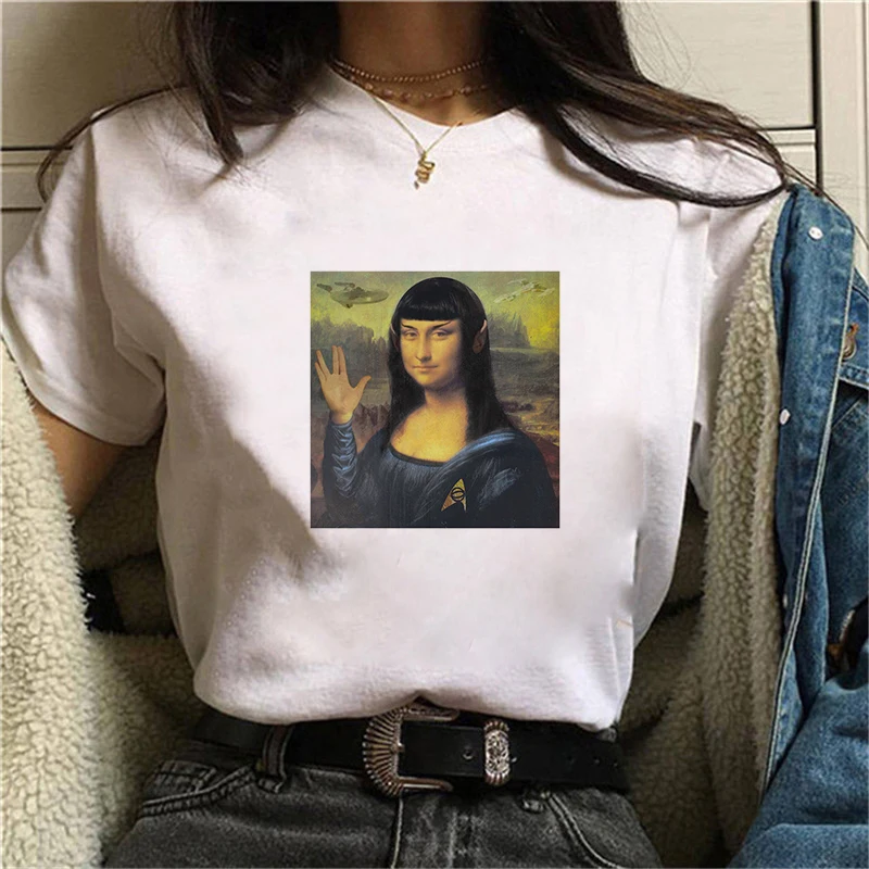 Women's T-shirt Mona Lisa Theme Print T-shirt Clothes White TShirt Harajuku Graphic T-shirt Fashion   Landscape T-shirt Female