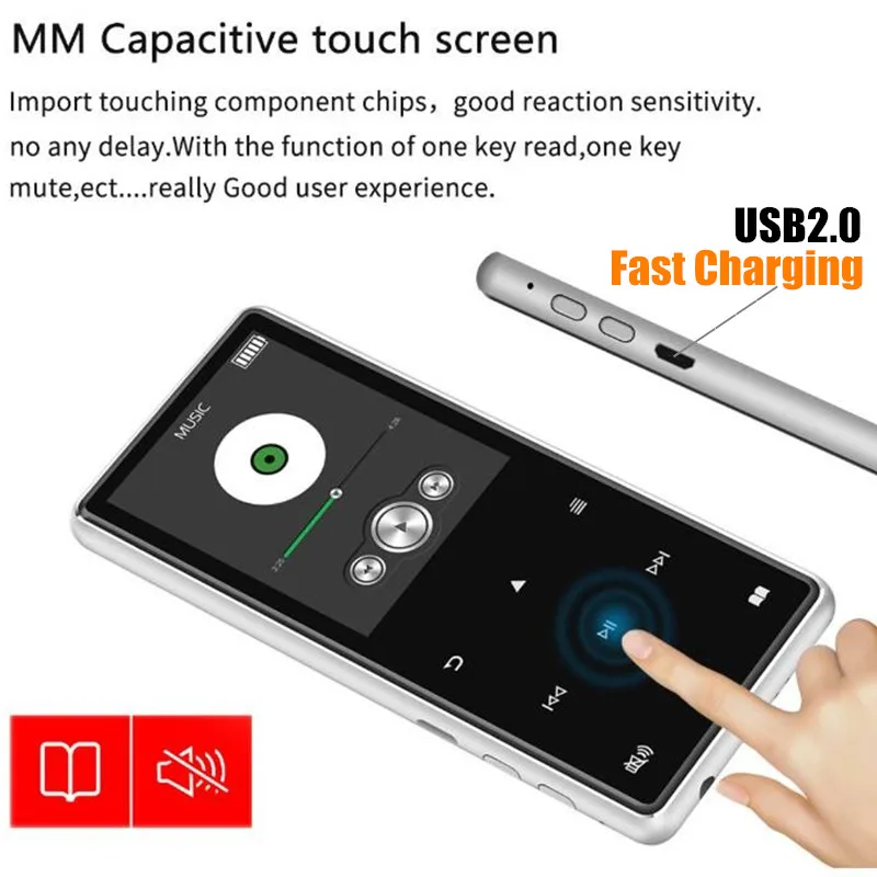 2.4" Wireless HiFi HD MP3 MP4 Player,Stereo Bass Mic Earphone,Fast Charge Cable,Speaker FM Record&TF Slot+32GB TF Card
