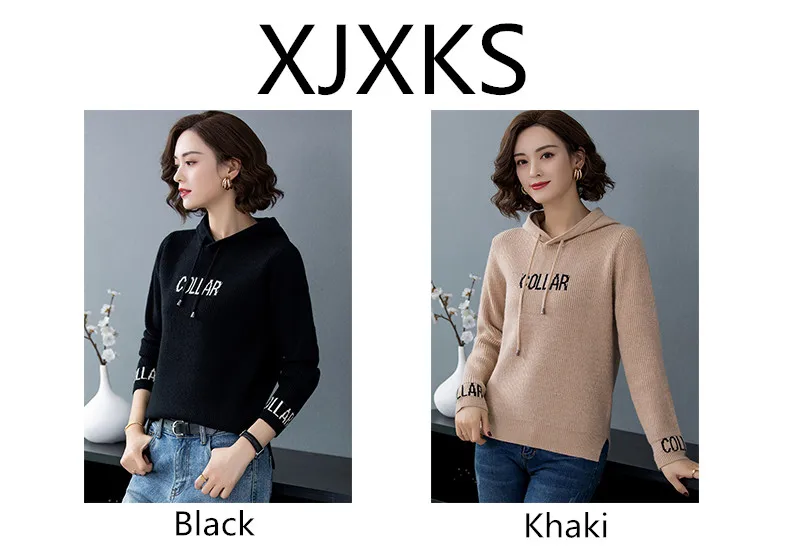 XJXKS Pull Femme Nouveaute осень зима Повседневный кашемировый свитер Дамский Длинный рукав с капюшоном Женский вязаный свитер