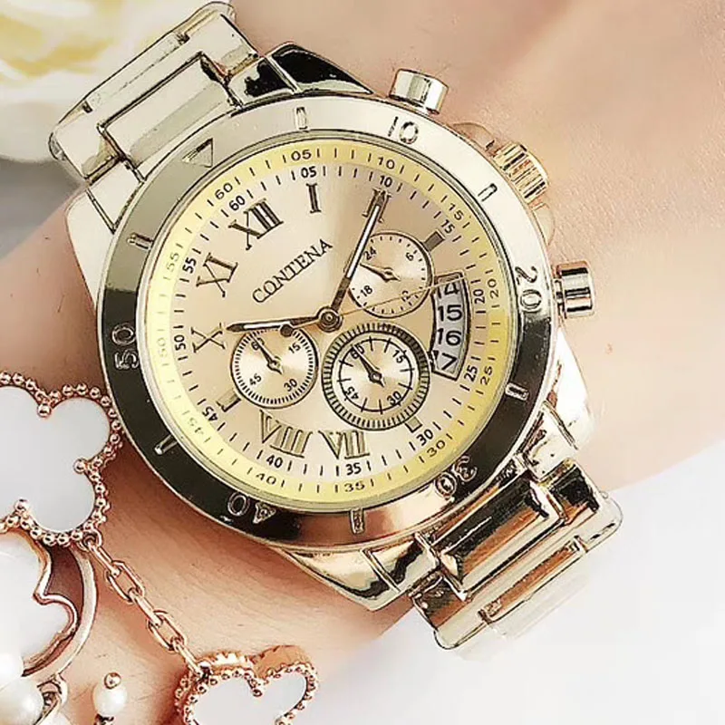 Новые наручные часы для женщин наручные часы женские часы Функция даты для женщин нарядные кварцевые часы Relogio Feminino Geneva - Цвет: gold
