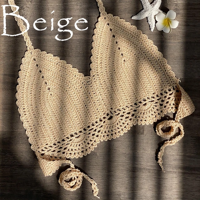 2021 New Bikini Top Handmade Crochet Women Boho Beach Bralette Solid Halter Knitted Swimsuit Brazilian Bikinis Bathing Suit Top Beige
