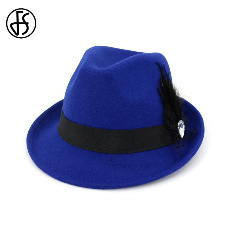 FS зима осень Fedora Шляпа черная для женщин мужчин боулинг, джаз шляпы сомбреро Mujer Трилби кепки свернутые короткие полями с перьевой лентой