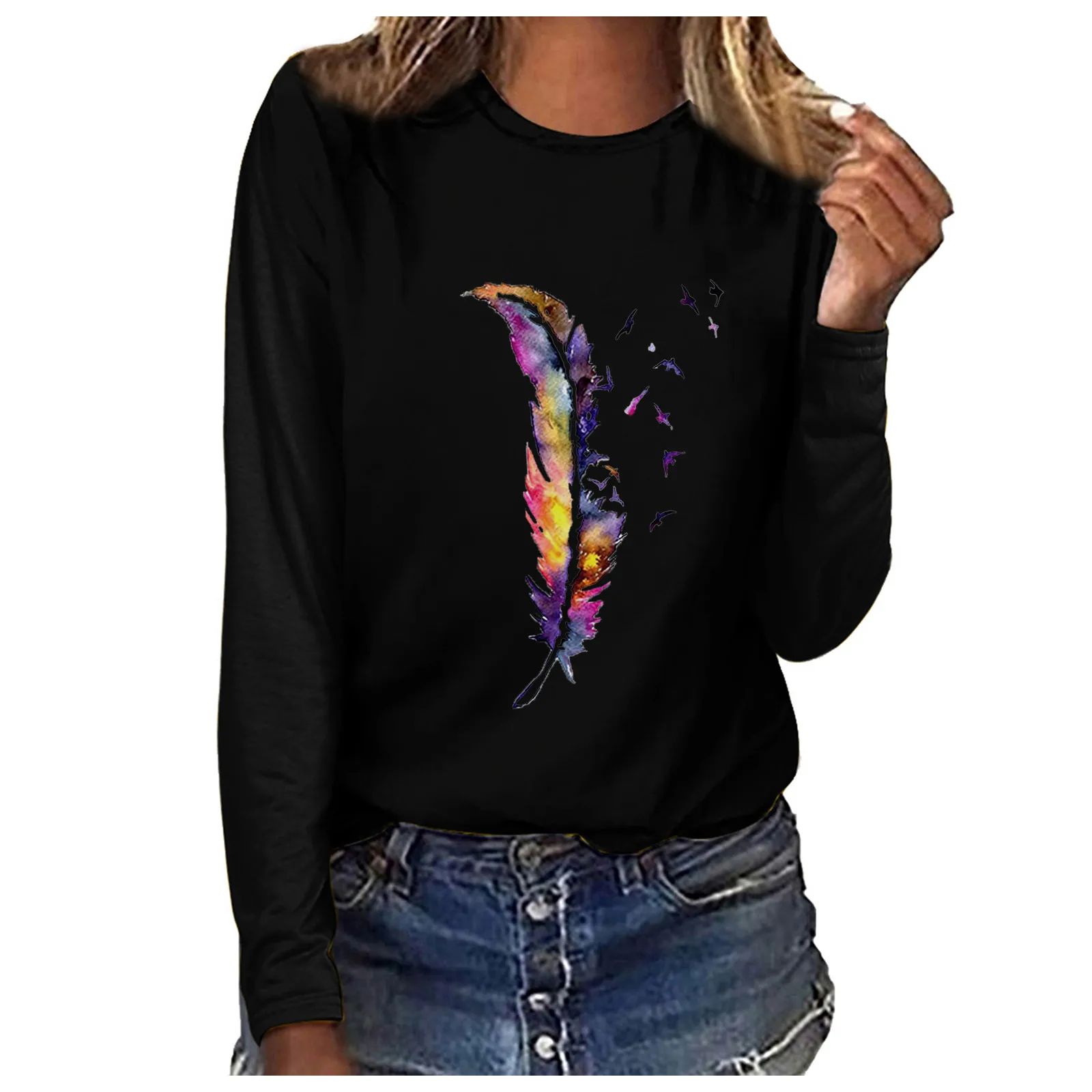 Colorful Feather T Shirt Women Long Sleeve O neck Pullover Tops Ladies ...