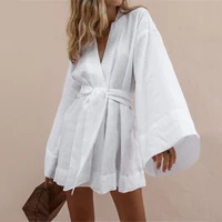 Women's V-Neck Kimono Cardigan Mini Dress Cotton Linen Long Sleeve Sashes Dresses Robe Style Lace Up Summer Loose Vestidos - Image 4