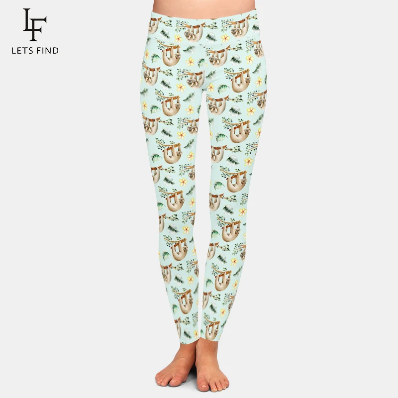 

LETSFIND 2019 Women Plus Size Leggings 220gsm Double Side Brushed Milk Silk Sloth Print High Waist Fitness Leggings