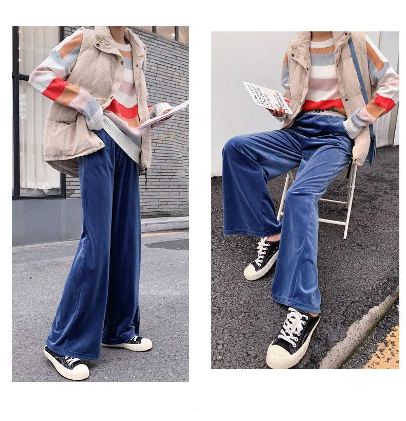Autumn Winter New Casual Straight Pants Women Female Loose High Waist Gold Velvet Wide Leg Pants Casual Trousers
