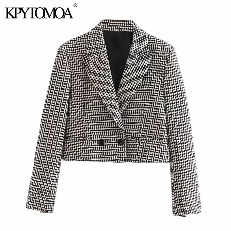 

KPYTOMOA Women 2020 Fashion Double Breasted Houndstooth Cropped Blazer Coat Vintage Long Sleeve Pocket Female Outerwear Chic Top