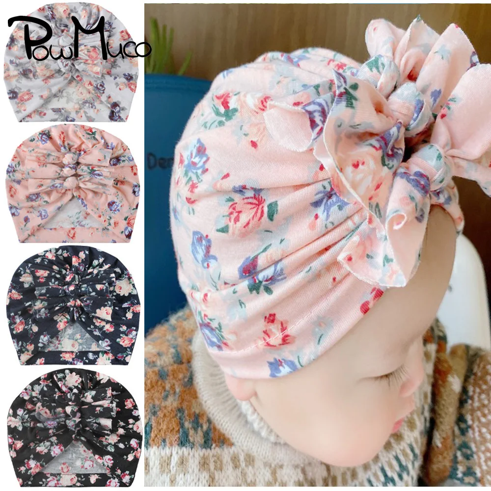 

Powmuco 18*17 CM Vintage Flower Pattern Baby Girl Hats Fashion Printed Bowknot Infant Cap Handmade Bow Headwear Kids Accessories