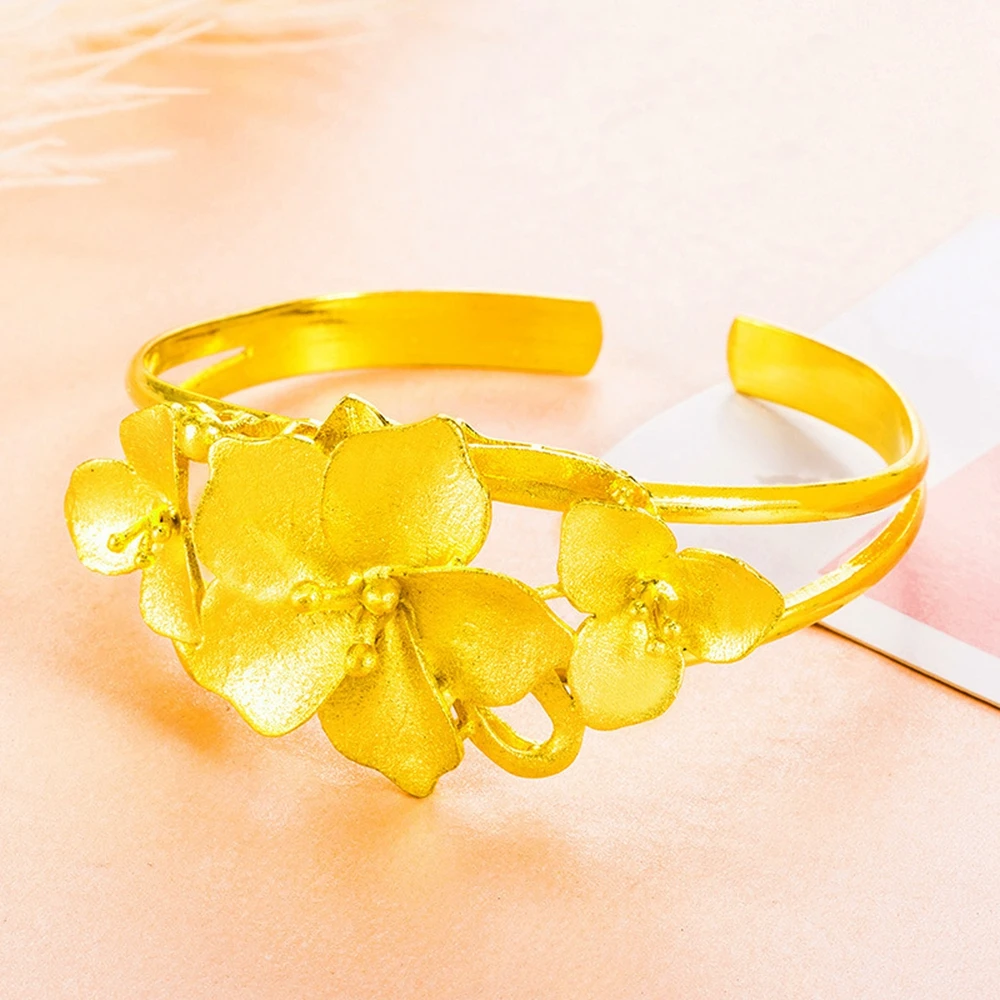 3 с цветочным дизайном браслет из желтого золота заполнены Изысканная Свадебная вечеринка женские жесткий браслет подарочный
