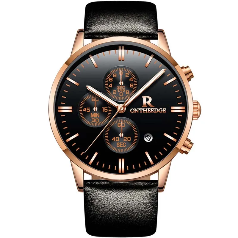 

Men Business Watches Fashion Sport Stainless Steel Case Leather Band Quartz Watch Waterproof Date Wrist Watch Reloj Hombre