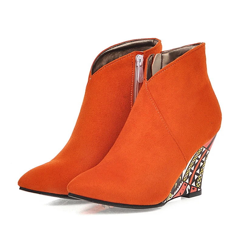 

2019 Winter Sweet Print Pointed Sexy 9cm Wedges High Heel Booties Green Black Orange Purple Combat Boots for Women Ankle Boots