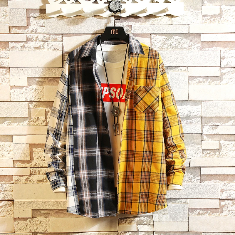Plaid Contrast Colour Casual Loose Shirt Fashion Patchwork Long Sleeve Casual Shirt Hip Hop Street Clothing Men's long sleeve shirt,men casual shirt