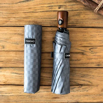 

Strong Wind Resistant Folding Automatic Umbrella Men Women Rain 10 Ribs Large Umbrellas Business Portable Wooden handle