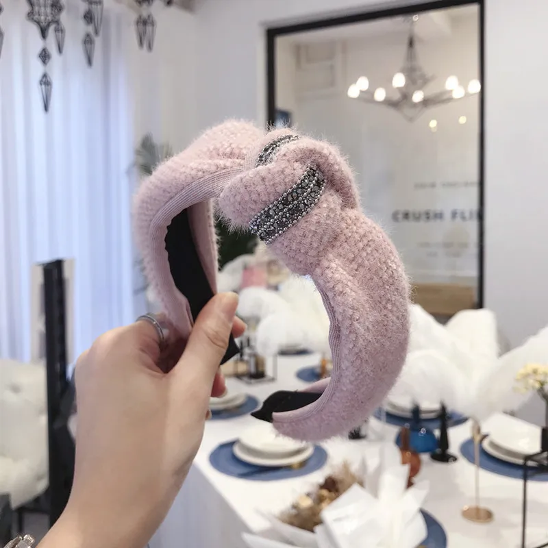 pink Корейский бутик, повязка для волос, вязаная, плюшевая, с узлом, зимняя, повязка на голову для женщин, обруч на голову, повязки, аксессуары для Ободки для девочек, головной убор - Цвет: pink