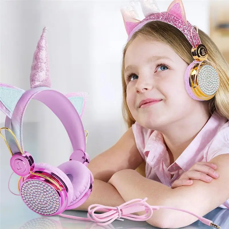 Funny Kids Headset Colorful Diamond Unicorn Girl Wired Headphones Music Stereo Phone Earphones Children Christmas Brithday Gifts