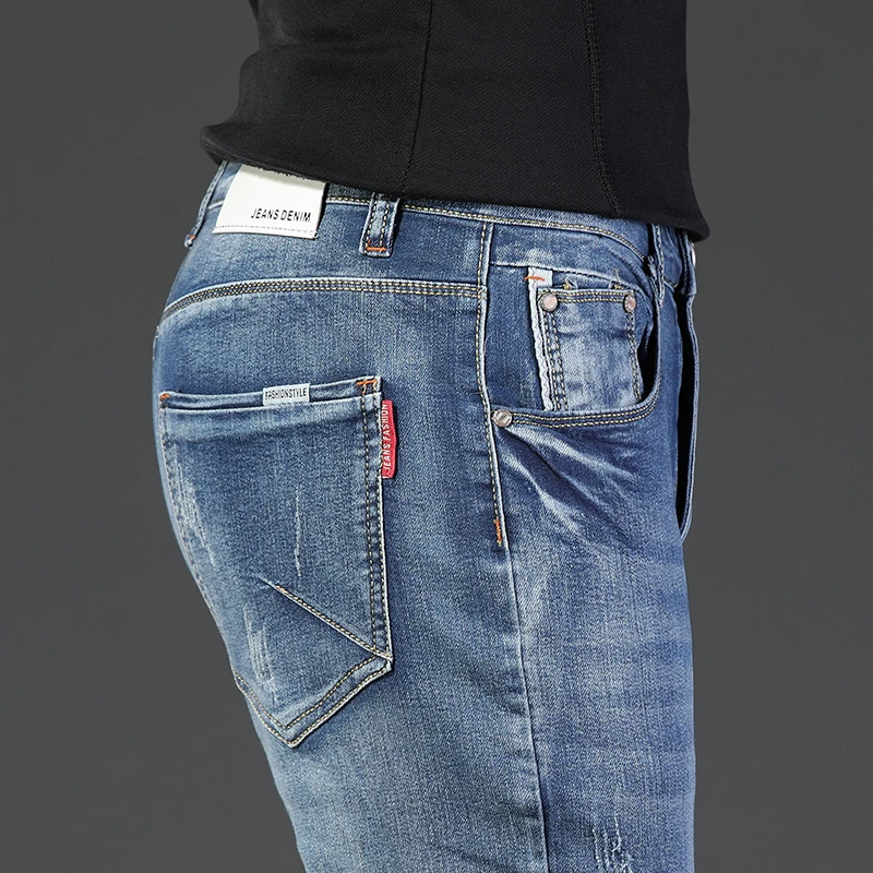 Мужские обтягивающие джинсы, Зимние новые обтягивающие джинсы, Мужские Стрейчевые классические брюки с эластичной резинкой на талии, мужские синие джинсовые штаны