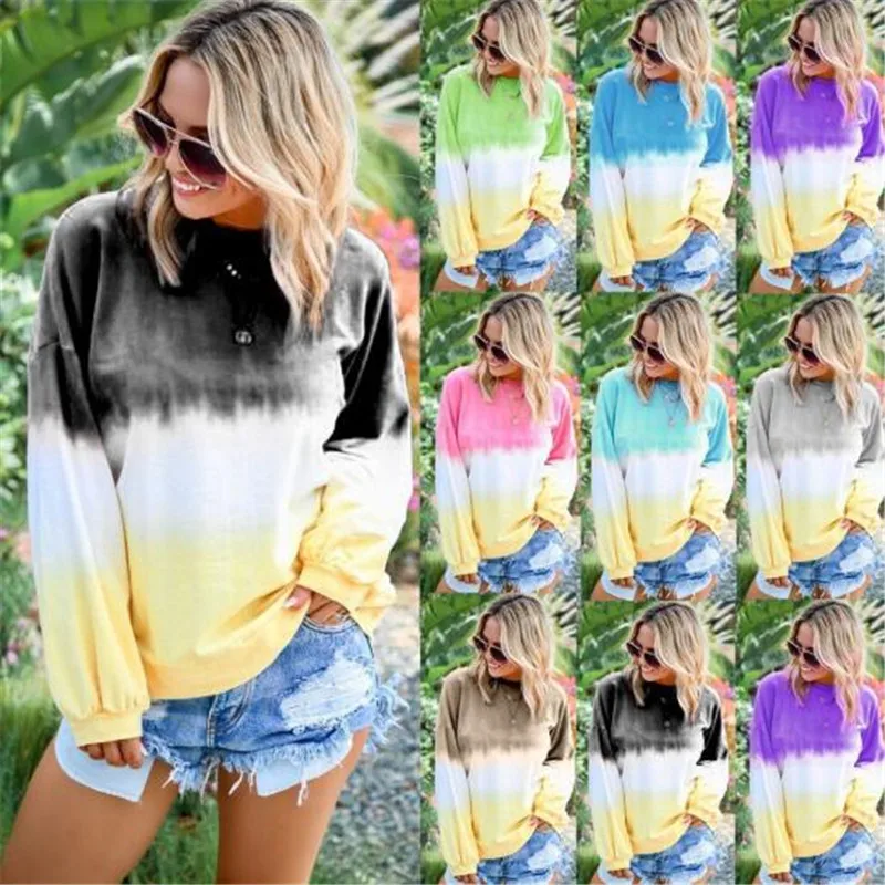 

Rainbow Female Spring Gradient Printed Long-Sleeved Round Neck Stitching Street Women's Clothes