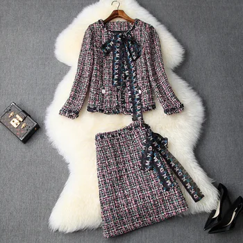

Women girls cute bow tie tweed jacket elegant plaid jackets + a-line mini skirt suit new 2019 pink two piece outfit