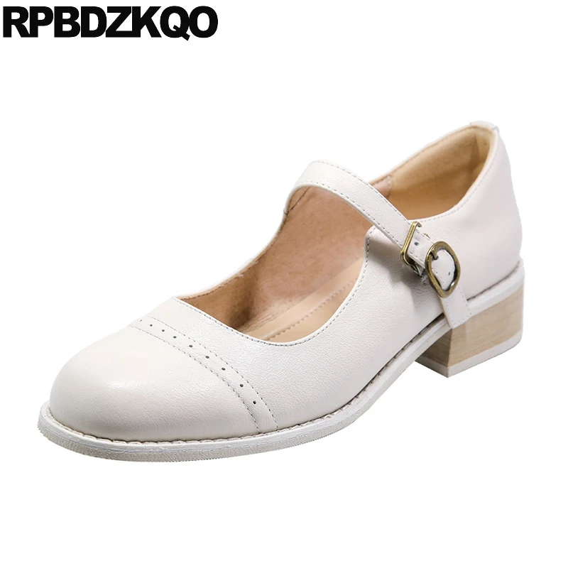 Mary Janes Women Shoes Low Heels Black Designer White 2021 Pumps Block Round Toe Ladies Strap