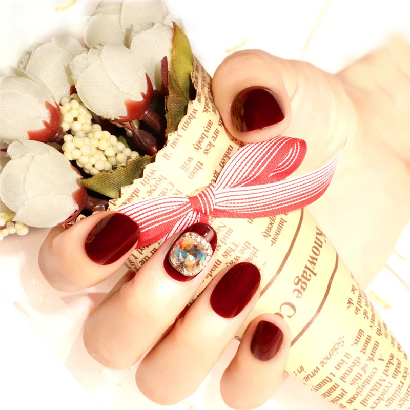 Nusx DIY Red Color Artificial Nails Bride Wedding Shining Rhinestone Fake Nail 3D Decor Full Cover 3