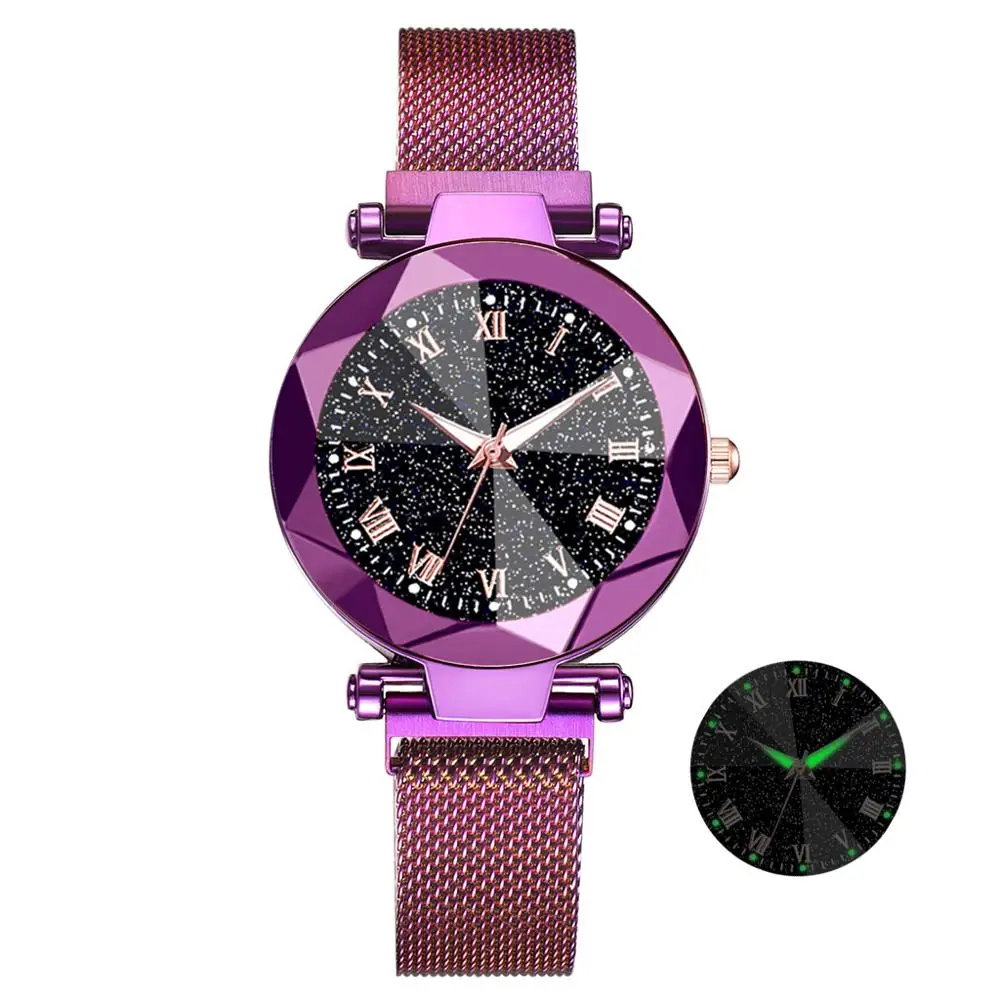 3265 Purple Роскошные часы звездного неба из нержавеющей стали с сетчатым браслетом для женщин, Кристальные Аналоговые кварцевые наручные часы, женские спортивные часы - Цвет: 3265 Purple