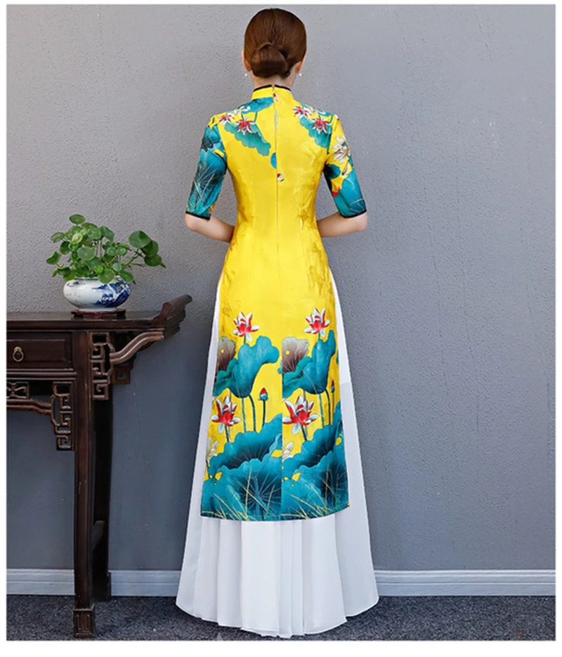 Plus size 5XL cheongsam autumn new female dignified atmosphere Austrian Chinese etiquette Printed pendulum dress Long cheongsam