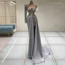 

Light Silver Evening Dresses Soft Satin Beading Appliques High Neck Long Sleeve Slit Formal Party Prom Dress Robes De Soirée