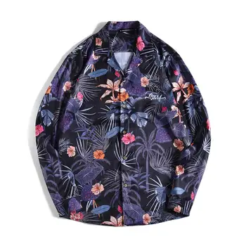 

Mens Hawaiian Shirt 2019 Tropical leaves Print Loose Long Sleeve Sunscreen shirt Oversize camisa masculina Male chemise homme