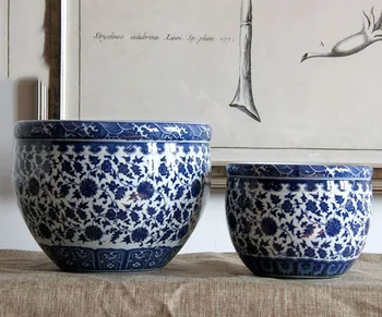 

2 pcs set Blue And White foral Chinese Porcelain Fish Bowl