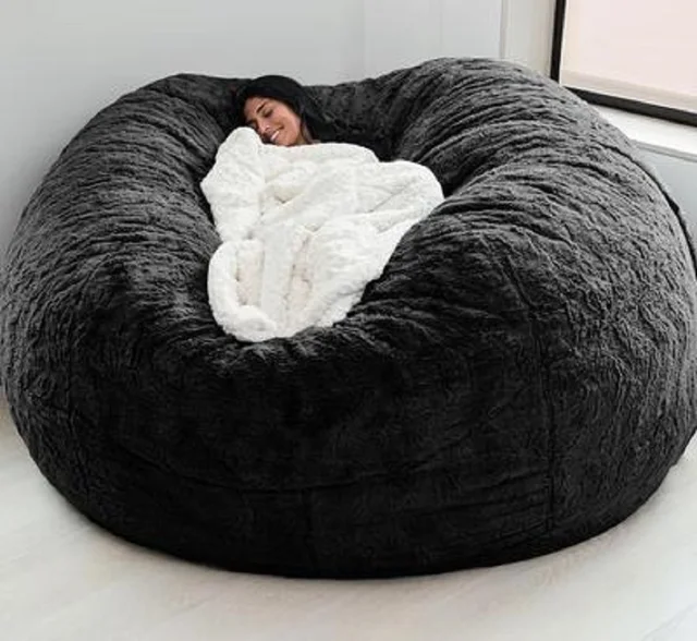 Dropshipping Giant Fur Bean Bag Cover Big Round Soft Fluffy Faux Fur BeanBag Lazy Sofa Bed Cover Living Room Furniture black 150X75cm