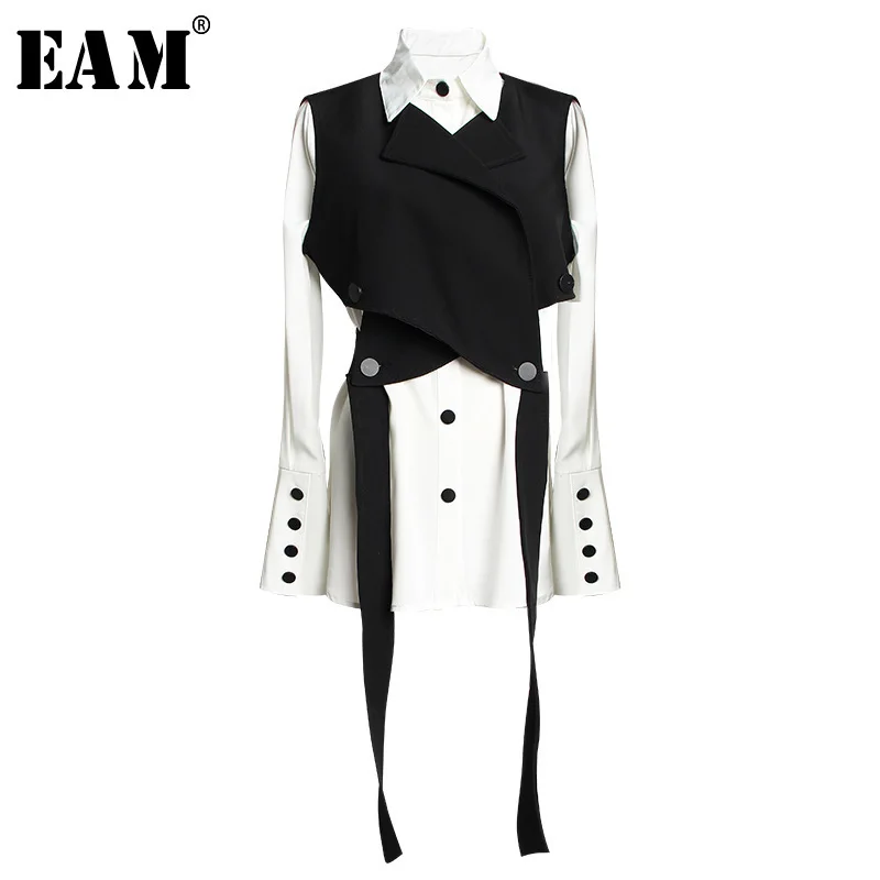  [EAM] Women Black Bandage Vest Two Piece Blouse New Lapel Long Sleeve Loose Fit Shirt Fashion Tide 