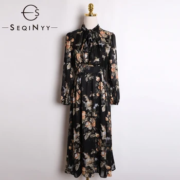 

SEQINYY Casual Dress 2020 Summer Spring New Fashion Design Women 3/4 Sleeve Bow Satin Stripes Flowers Print A-line Midi Dress