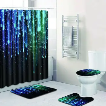 

4Pcs/Set Bathroom Shower Curtain Waterproof Non-Slip Printing Toilet Rug Cover Bath Mat With Shower Curtain Set