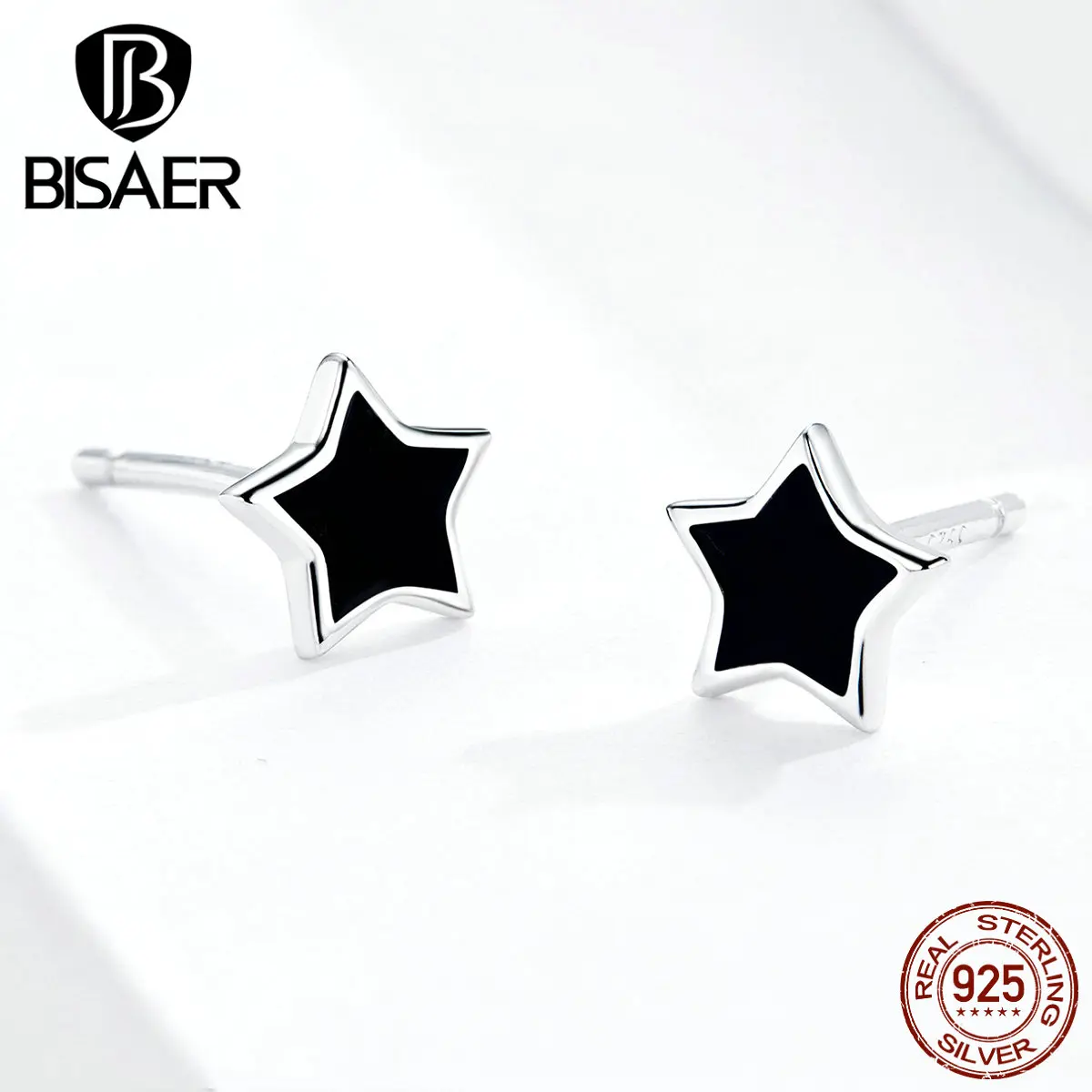 Серьги со звездами BISAER,, 925 пробы, серебро, черная эмаль, серьги-гвоздики со звездами для женщин и мужчин, серебряные ювелирные изделия EFE275