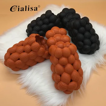 

CIALISA Women Shoes New Design Summer Ladies Solid Fashion Round Toe Bead Orange Low Heel Sandal Slipper