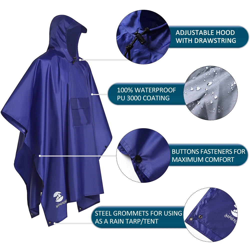 Hooded Rain Poncho Waterproof Raincoat Jacket for Men Women Adults