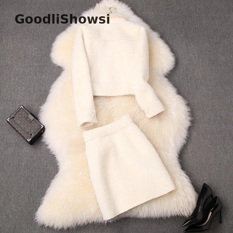GoodliShowsi Зимняя мода высокого класса женские костюмы бежевый Dehair ангоры короткое пальто Топы+ молния облегающая юбка комплекты из 2 предметов