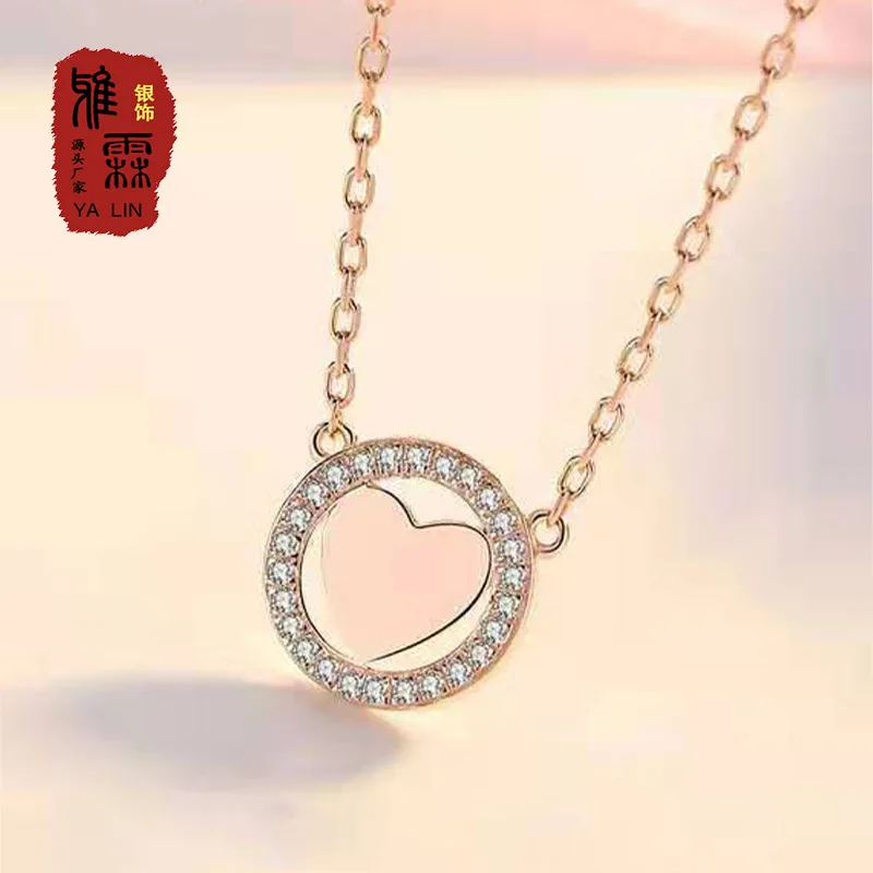 

S925 Fine Silver Heart Shape Full of Crystals Necklace Women's Vintage Save Korean-style Ornament Pendant Fashion Pendant Jewelr