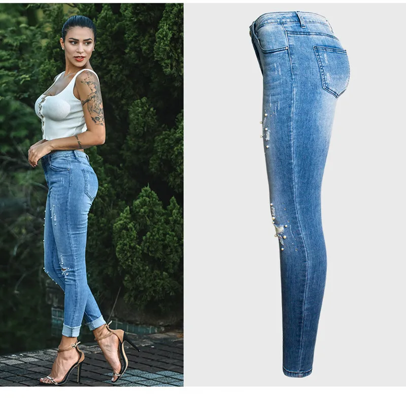 Fashion New Arrival Women Skinny Jeans 2023 Casual Embroidered Flares Ripped Slim Jeans Women