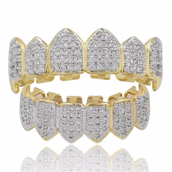 

Iced Out Micro Pave CZ Vampire Teeth Grillz Gold Silver Color 6/6 Top & Bottom Fang Grills Men Women Hip Hop Jewelry Gifts