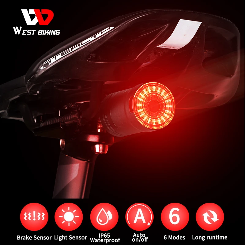 Велосипедный задний фонарь WEST BIKING умный стоп сигнал с датчиком