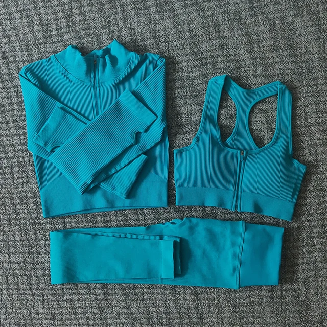 Seamless Women Yoga Set Workout Sportswear Gym Clothing Zipper Long Sleeve High Waist Leggings Fitness Bra Athletic Sports Suits 3PCSLightBlue