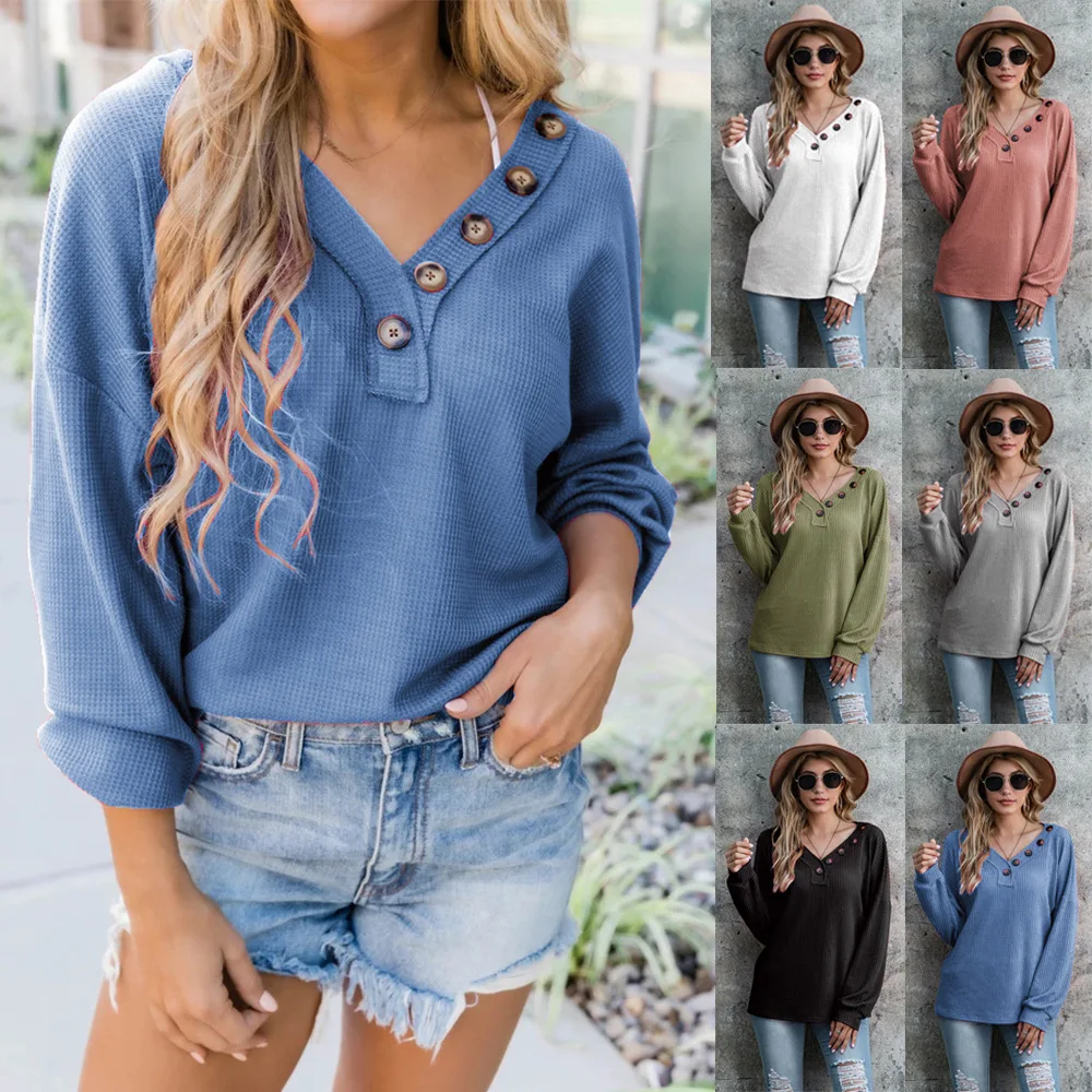 

2020 Fashion Ladies Autumn Kinitted Blouses Loose Sweater Women Casual Long Sleeve Crochet Tops Pullover Button V-Neck Jumpers